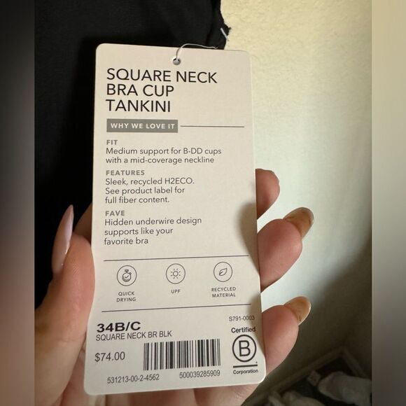 Athleta‎ Square Neck Bra Cup Tankini Sz 34B/C in Black NEW - Picture 7 of 8